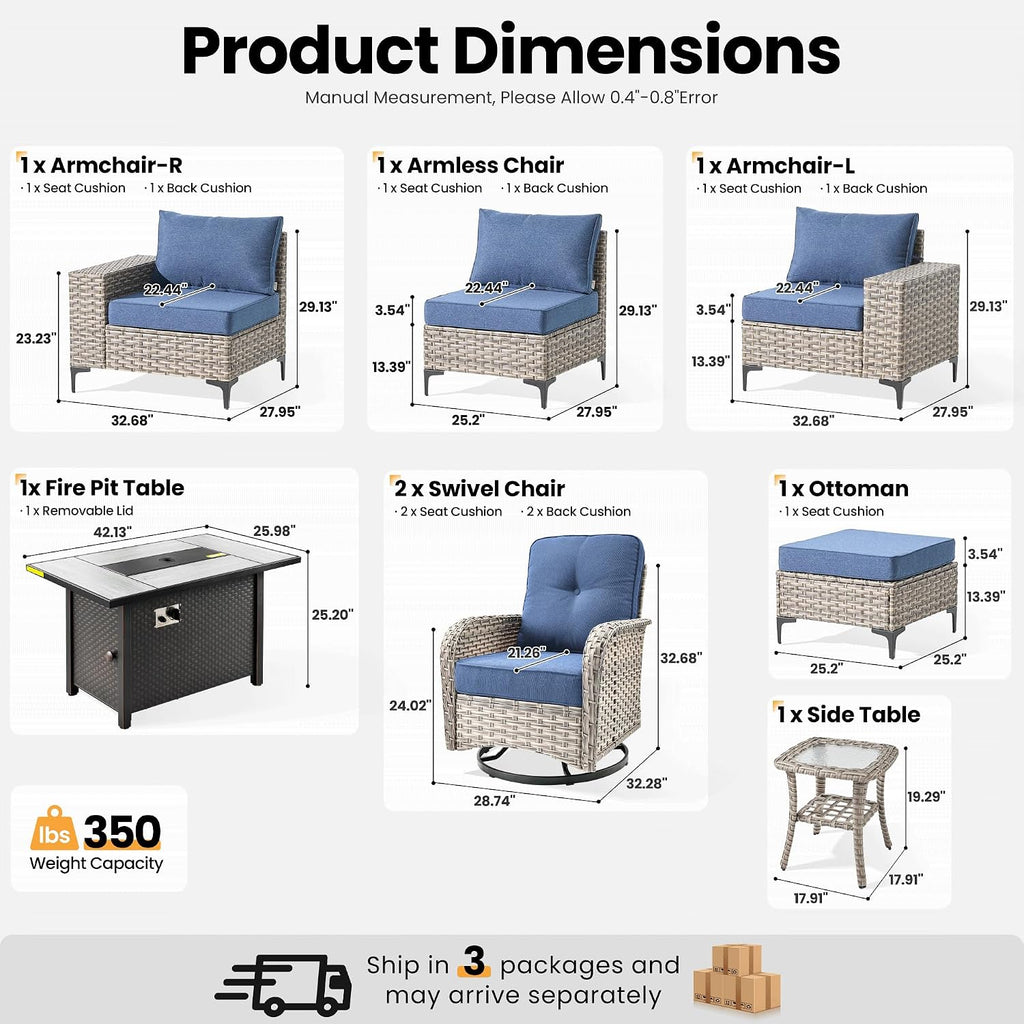 ovios 8-Piece Patio Furniture Set with L-Shape Sofa Chaise, Outdoor Sectional Couch Swivel Gliders Fire Pit Table, Modern Modular Wicker Rattan Conversation Set, Denim Blue