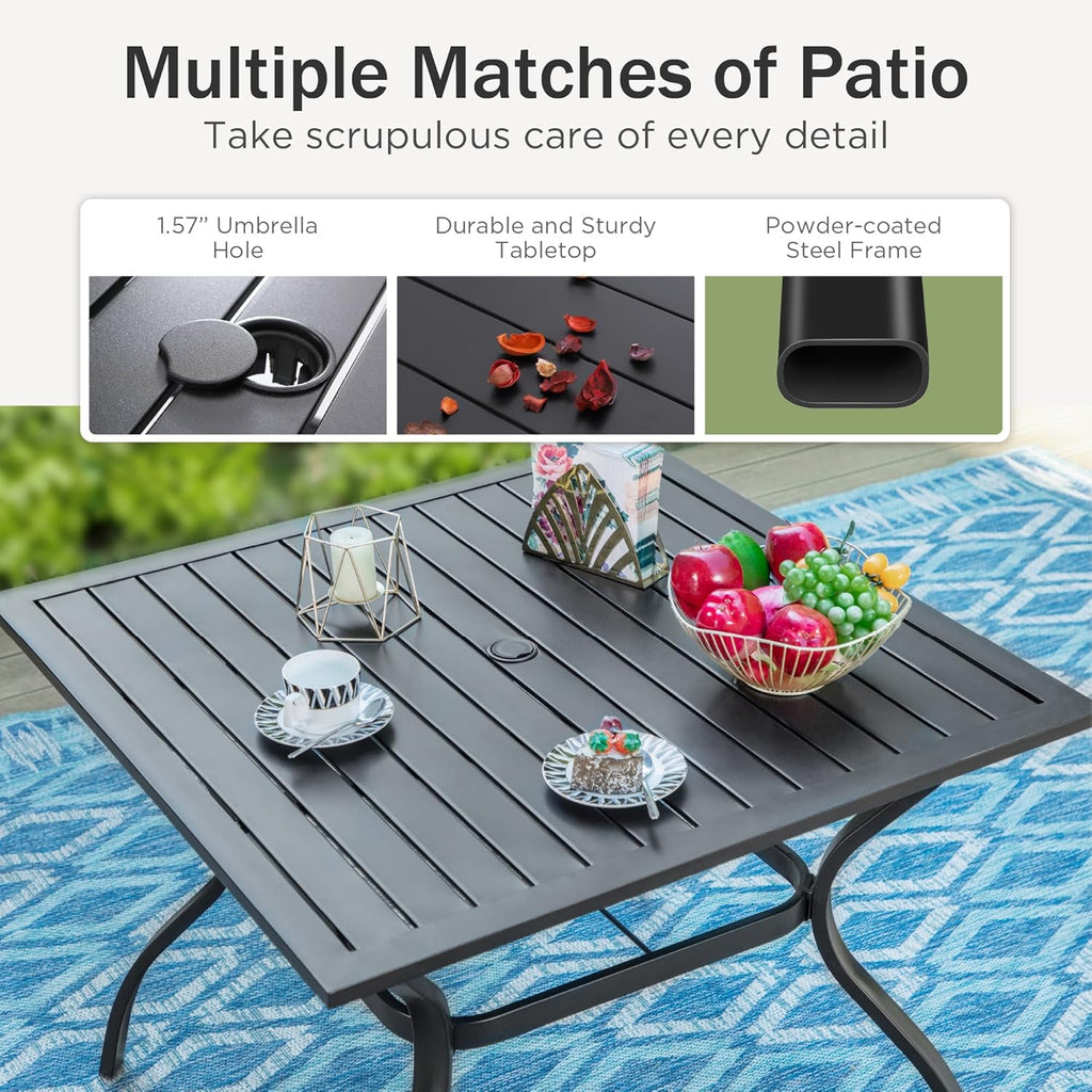 PHI VILLA 5 Piece Patio Dining Set with 4 Padded Outdoor Swivel Dining Chairs and 37'x 37' Metal Steel Dining Table with Umbrella Hole, Outdoor Dining Table and Chairs Set for Deck Pool Lawn