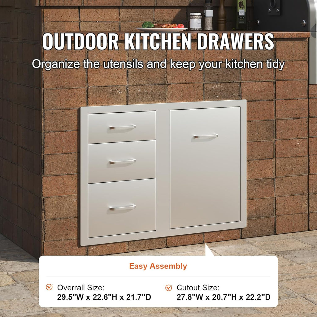 VEVOR Stainless Steel Cabinet, Outdoor Kitchen Door Drawer Combo 29.5' W x 22.6' H x 21.7' D, Access Door/Triple Drawers, Propane Drawer, Adjustable Garbage Ring, BBQ Island Patio Grill Station