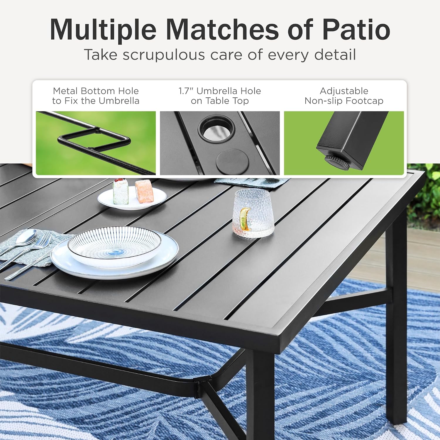 PHI VILLA 9 Pieces Outdoor Dining Set for 8, 83' Rectangular Metal Table with Umbrella Hole & Stackable Black Wrought Iron Chairs, Large Outside Furniture for Patio, Deck, Yard, Porch