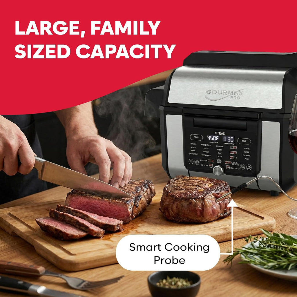 Foodgenie Gourmax Pro One Cooking Device - All-in-One Oven, Smokeless Grill, Air Fryer, Griddle, Cooker & More – 16 Preset Functions, Smart Temperature Control, Dual Surface, Dishwasher Safe, 1500W