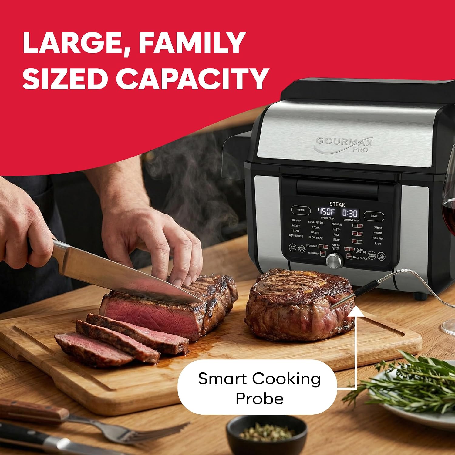 Foodgenie Gourmax Pro One Cooking Device - All-in-One Oven, Smokeless Grill, Air Fryer, Griddle, Cooker & More – 16 Preset Functions, Smart Temperature Control, Dual Surface, Dishwasher Safe, 1500W