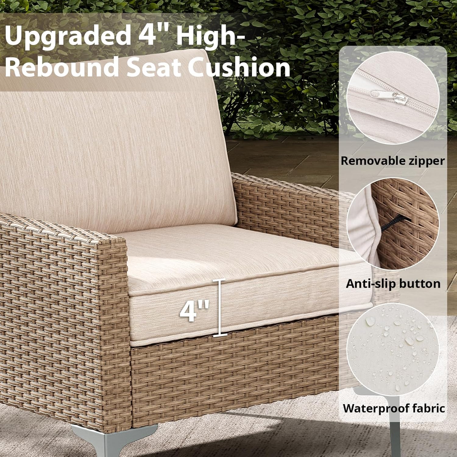 Jing's Villa 2-Piece Outdoor Sectional Single Chair Set, All-Weather Wicker Patio Furniture with L/R Armrest & Cushions, Comfortable Garden Conversation Set for Backyard, Poolside, Deck,Beige