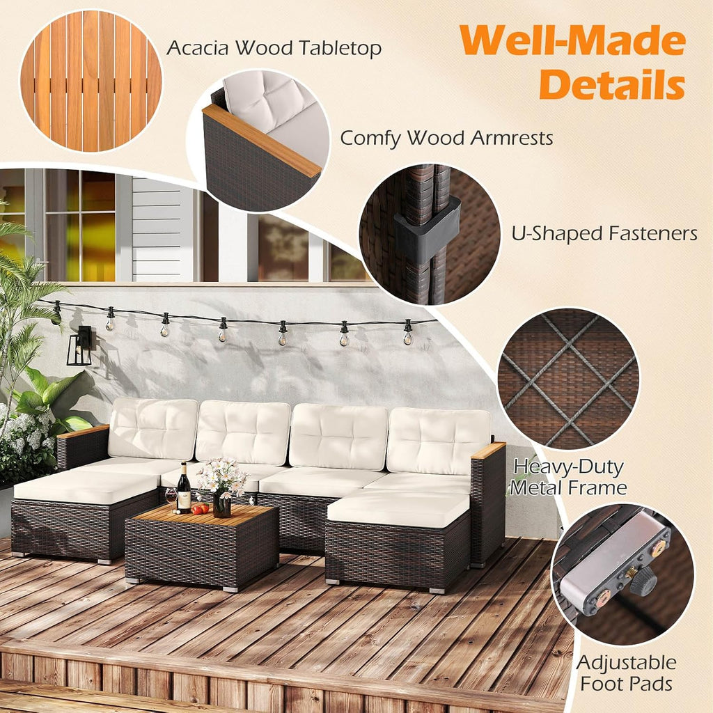 Tangkula 7 Pieces U Shape Outdoor Furniture Set, Patio Rattan Cushioned Chairs & Coffee Table Set, Outdoor Sectional Conversation Sofa with Wood Armrests & Tabletop for Backyard, Porch, Balcony