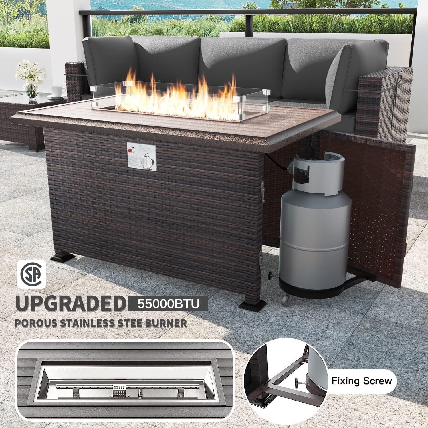 Kullavik 8 Pieces Outdoor Patio Furniture Set,Sectional Sofa Set with 43' 55000 BTU Gas Propane Fire Pit Table,Brown PE Rattan Wicker Patio Conversation Set,Grey