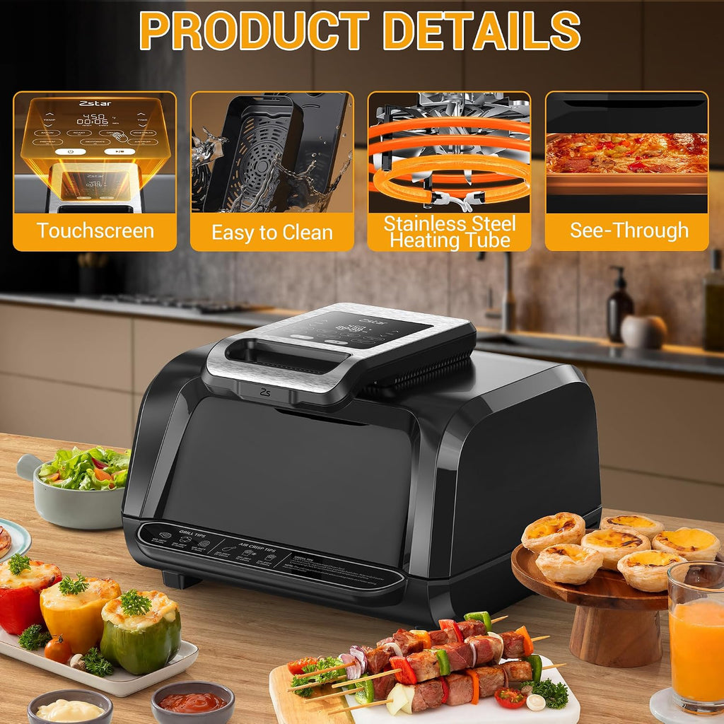 1750W 7-In-1 Air Fryer & Smokeless Grill Combo - Indoor Electric Grill with Bake/Roast/Broil/Dehydrate - 4QT Capacity, Smart Thermometer & Viewing Window, Black