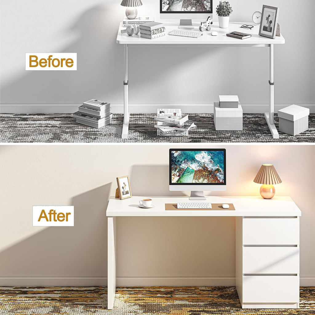 furtble White Desk with Drawers, 53'' W Home Office Computer Desk Gaming Table, Modern Vanity Desk with Storage, Wood Writing Workstation for Bedroom, Living Room, White