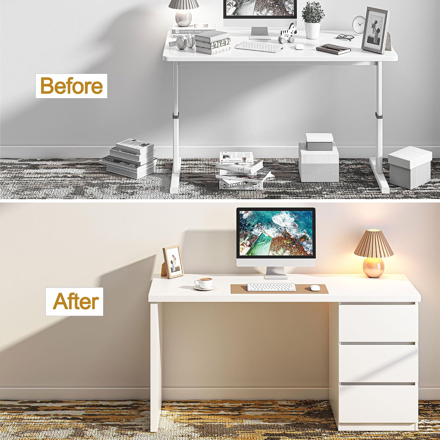 furtble White Desk with Drawers, 53'' W Home Office Computer Desk Gaming Table, Modern Vanity Desk with Storage, Wood Writing Workstation for Bedroom, Living Room, White