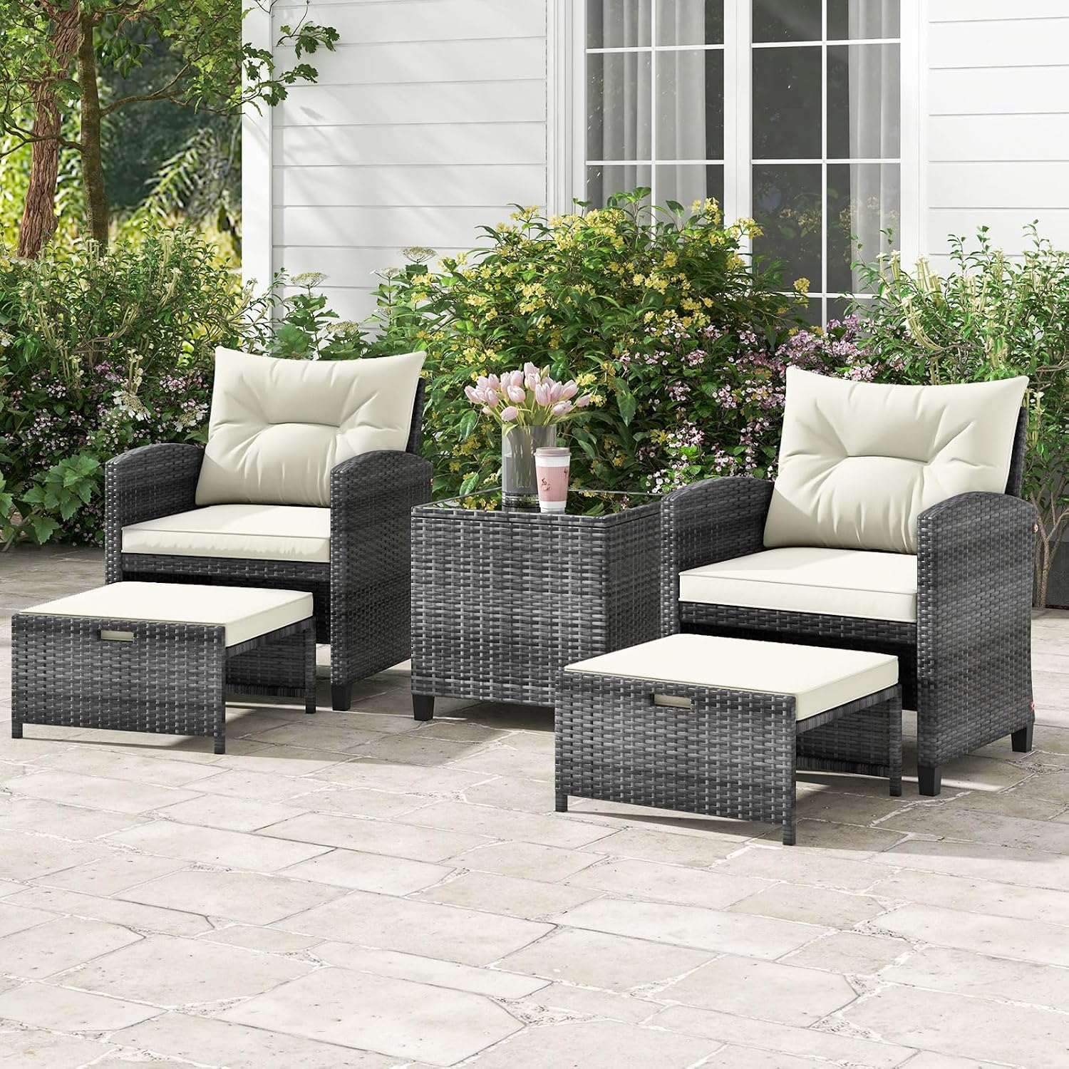 ORALNER 5 Pieces Patio Furniture Set with Ottoman, Wicker Conversation Set w/Cushions, Glass Coffee Table, Outdoor Lounger Rattan Chairs Bistro Set for Porch Balcony Garden Deck Poolside (White)