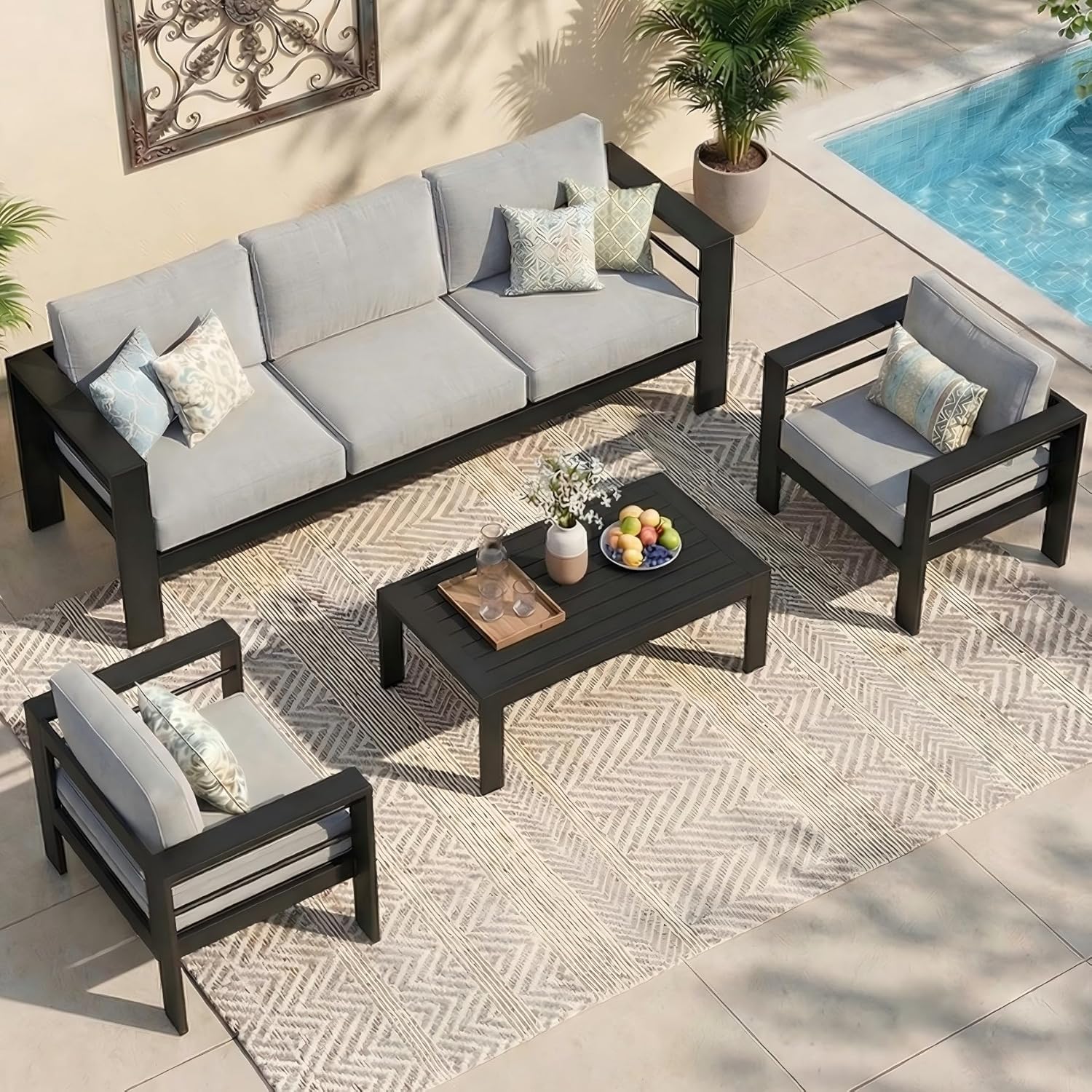 Wisteria Lane Aluminum Patio Furniture Set for All Weather, Oversized Metal Outdoor Furniture Set with 27.5' Deep Seat and 10' Back Cushion, Patio Conversation Sets with Wide armrest, Light Gray