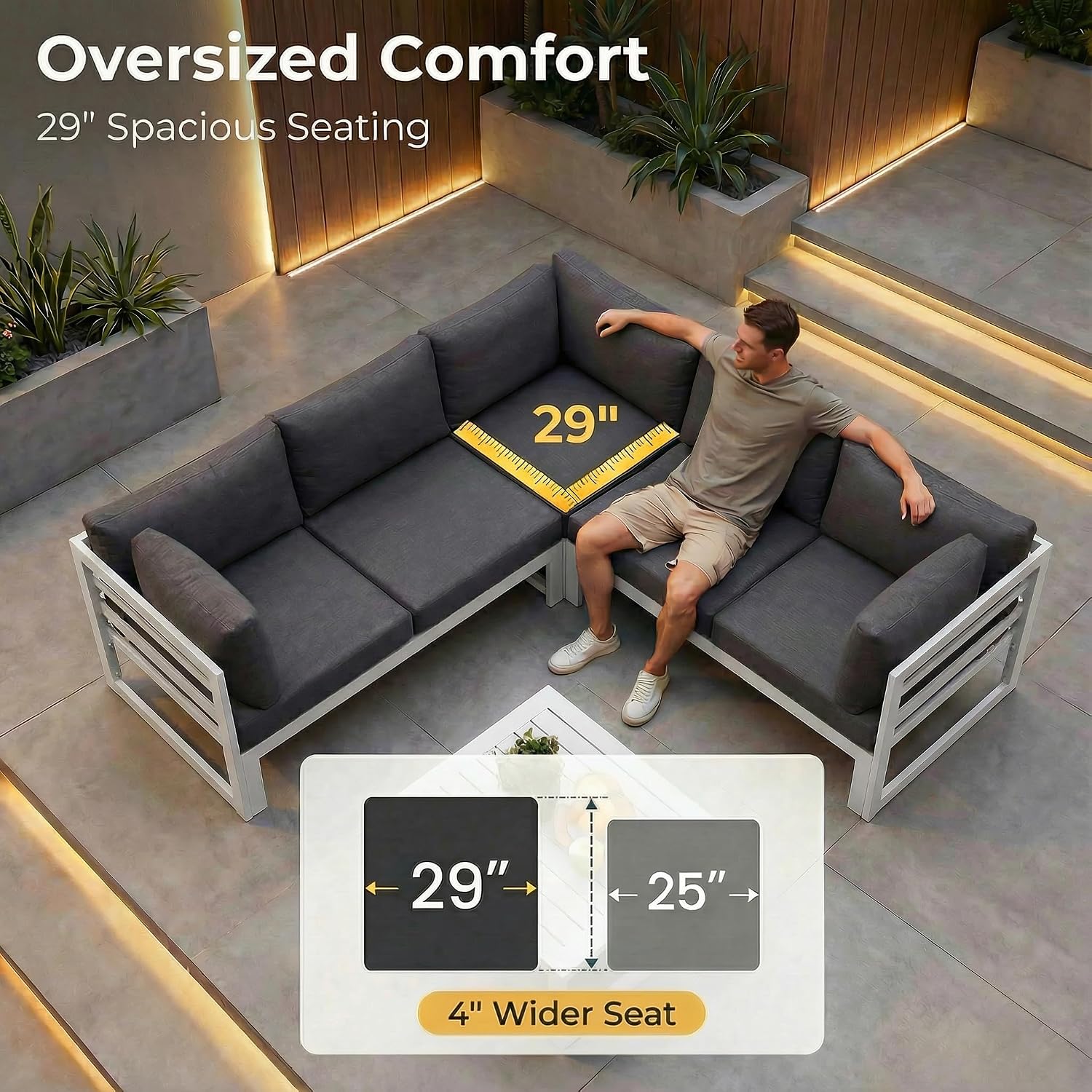 NICESOUL 7 Piece Modern Aluminum Patio Furniture Set with Fire Pit Table, 500 lbs Heavy Duty Outdoor Sectional Sofa, 29' Deep Wide Oversized Seating Conversation Couch for Garden Exterior, Dark Gray