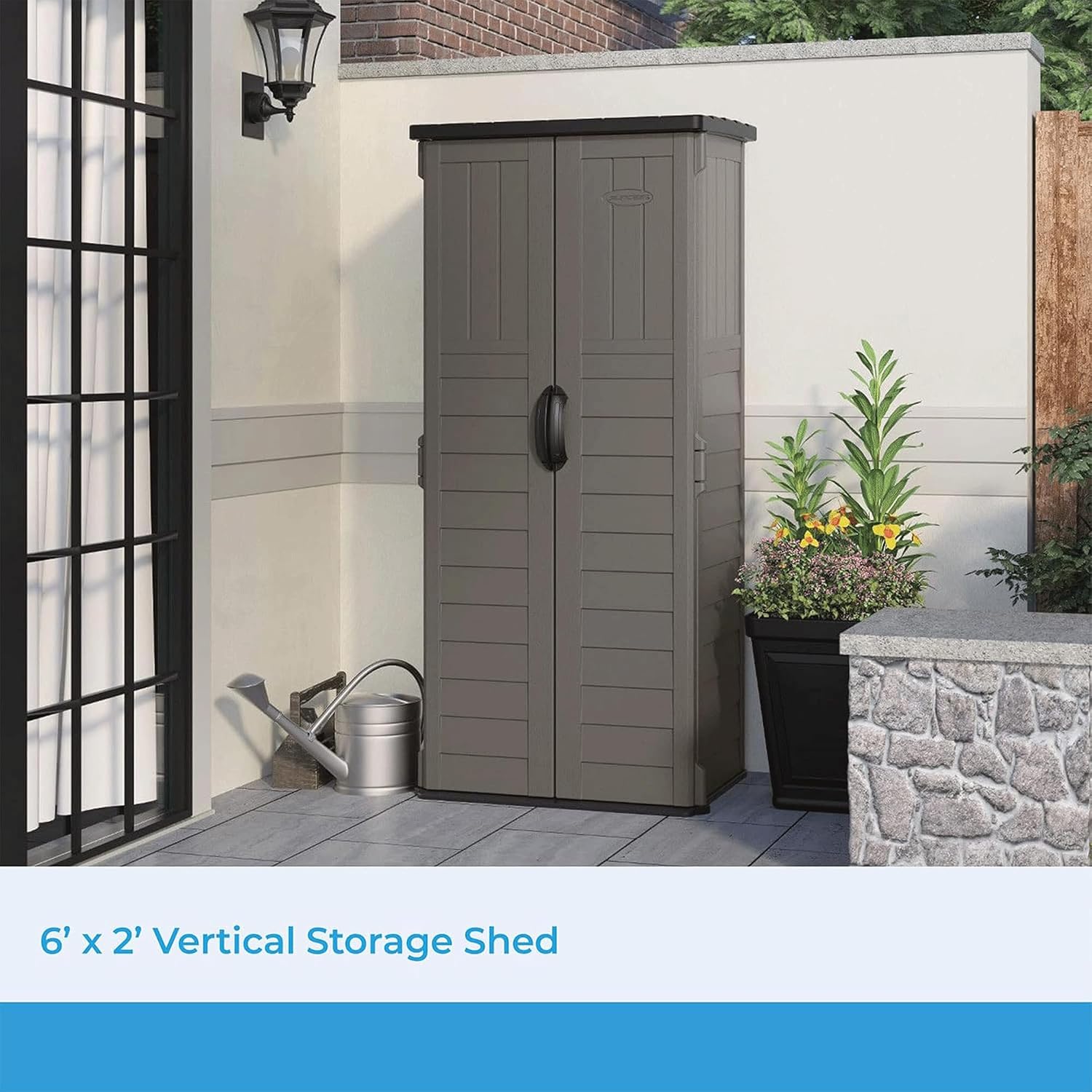 Suncast 22 Cubic Ft. Vertical Resin Outdoor Storage Shed with Lockable Double Doors, Weather-Resistant Multi-Wall Panels, Stoney