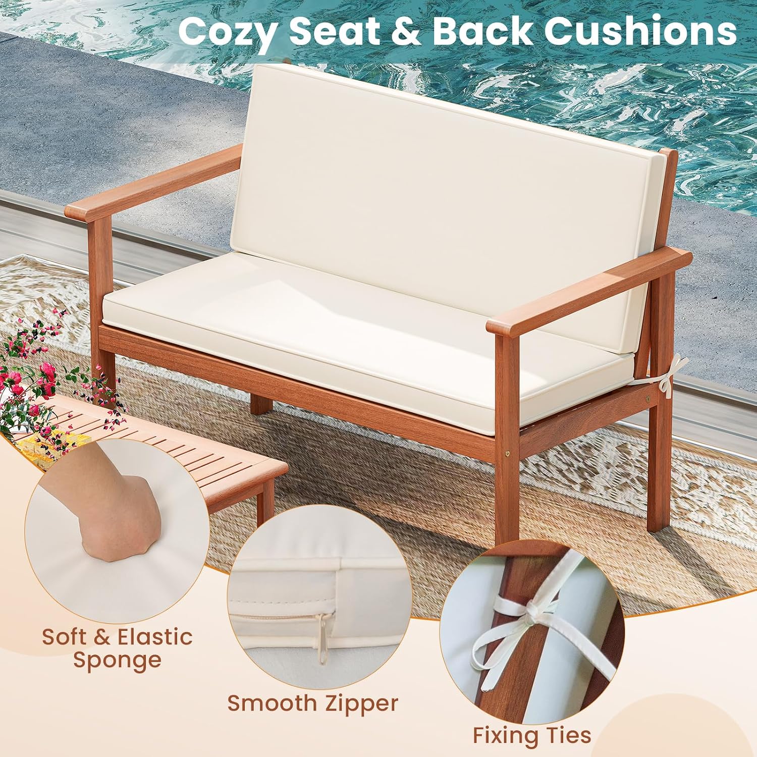 Tangkula 4 Pieces Acacia Wood Patio Conversation Set, Outdoor Wooden Cushioned Chairs & Slatted Coffee Table Set,for Backyard, Porch, Balcony, Poolside and Lawn (Off White,1)