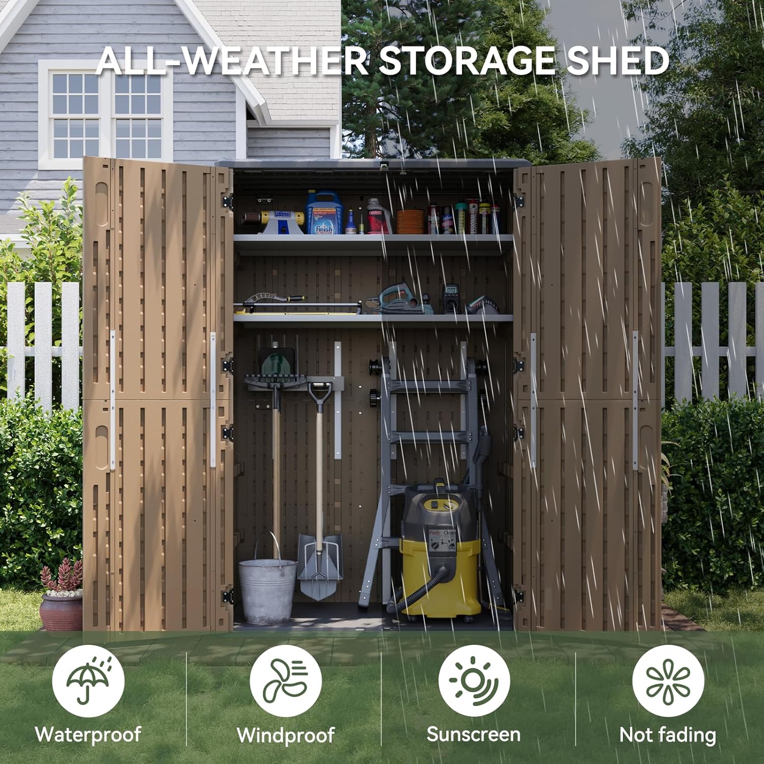 Aoxun Outdoor Storage Shed with Floor, 64 Cu.Ft Large Outdoor Storage Cabinet, Waterproof Vertical Resin Shed for Garden Tools, Pool Equipment, Brown