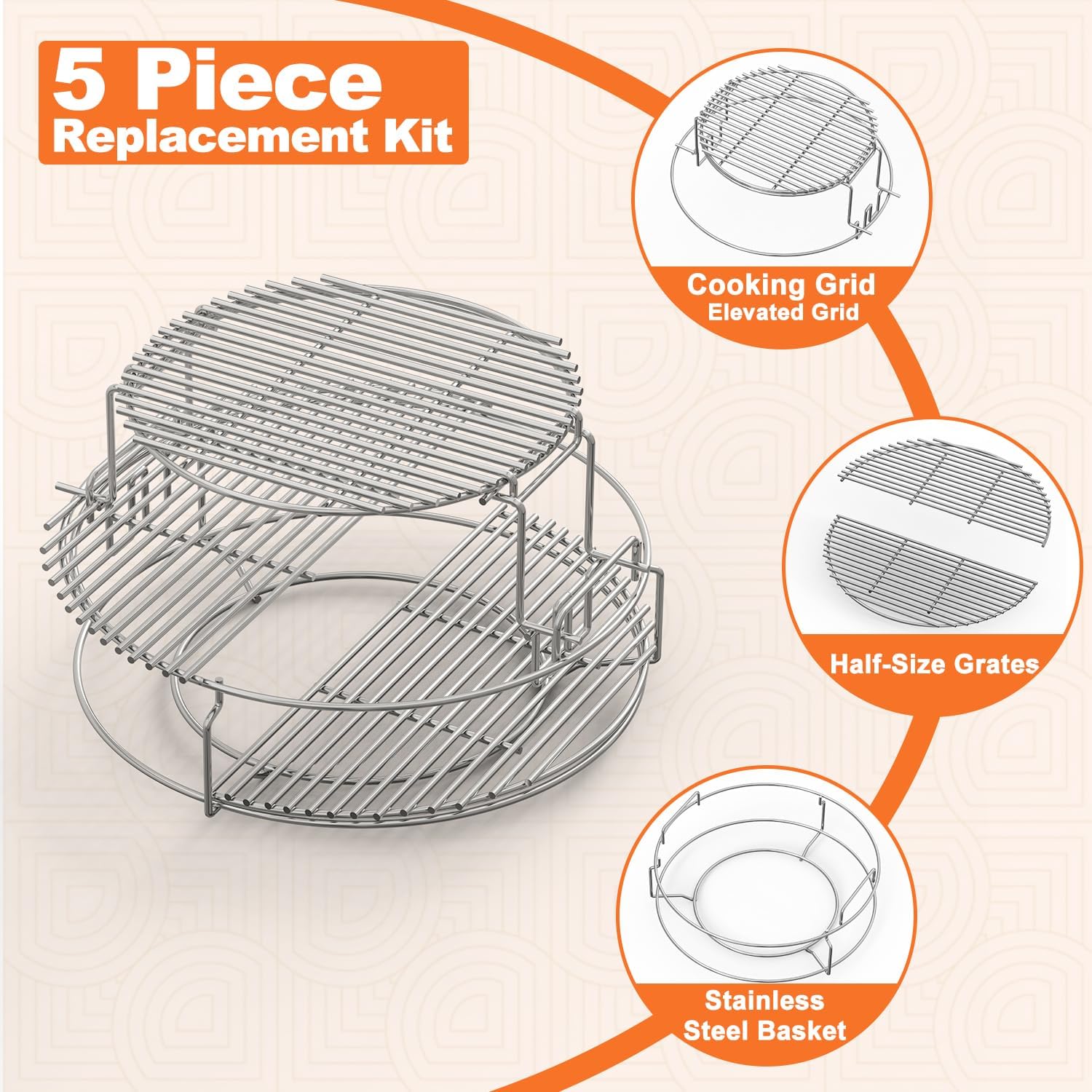 3 Tier 5 Piece Expander Rack Kit for Big Green Egg Large Replacement Grill Racks with Removable Cooking System Stainless Steel Big Green Egg Accessories