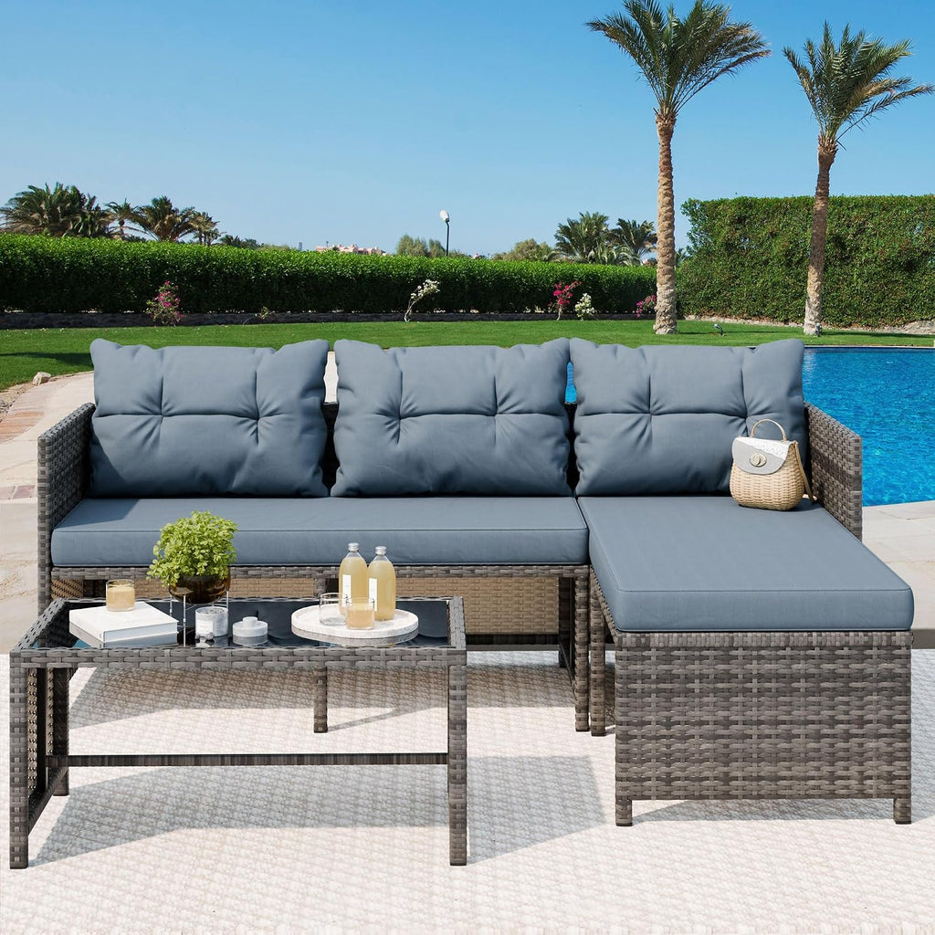 Vongrasig 3 Pieces Patio Furniture Sets, All-Weather Wicker Outdoor Sofa Couch Sectional Set, Small Conversation Set for Patio, Garden w/Cushion, Glass Table, (Blue)