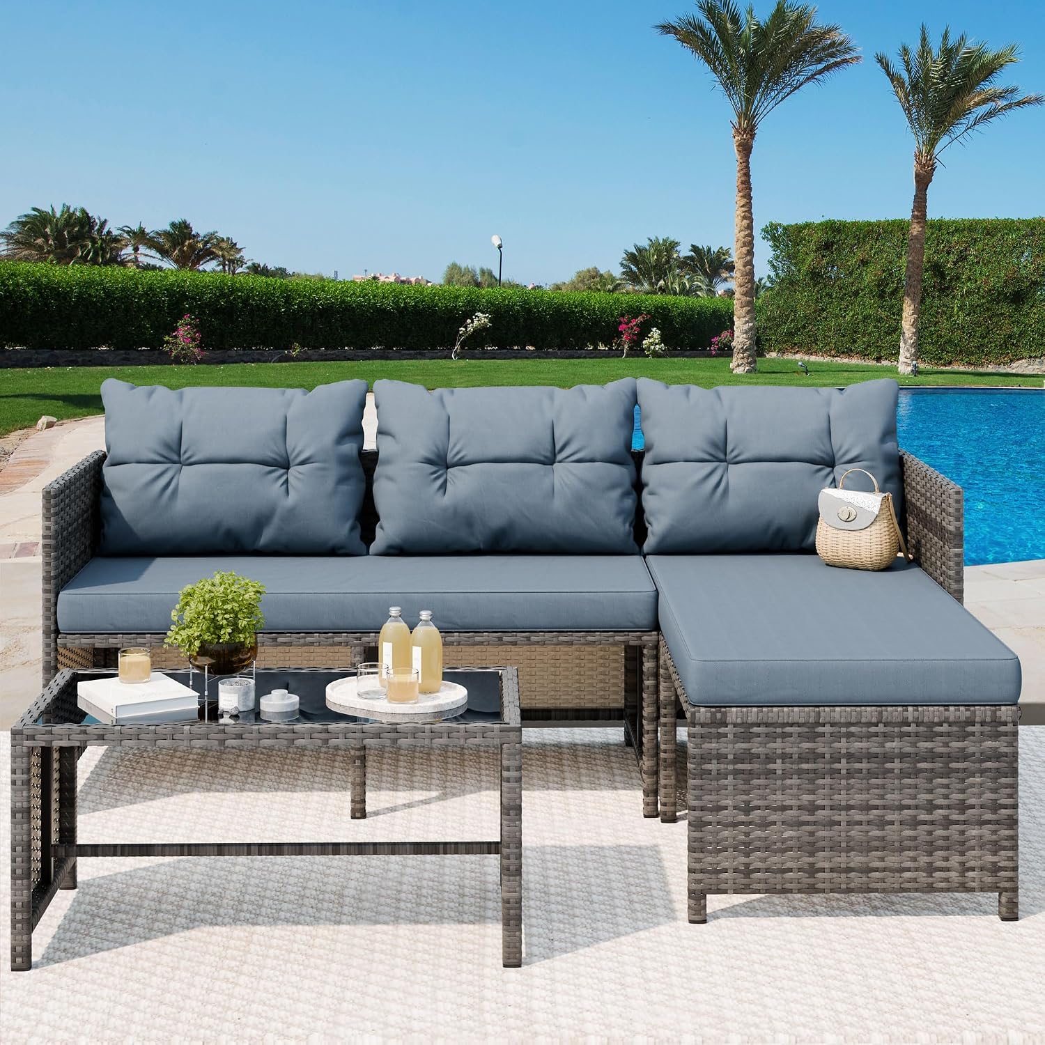 Vongrasig 3 Pieces Patio Furniture Sets, All-Weather Wicker Outdoor Sofa Couch Sectional Set, Small Conversation Set for Patio, Garden w/Cushion, Glass Table, (Blue)