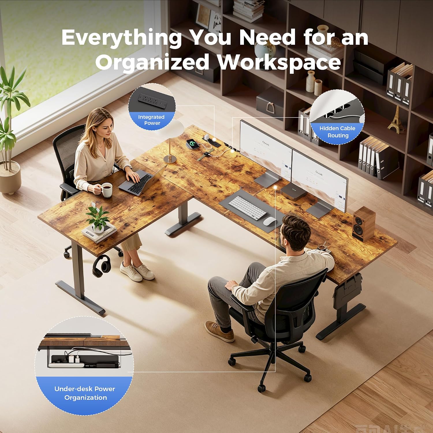 Agilestic Electric L Shaped Standing Desk 63 x 48 Inch with Power Outlet, Height Adjustable Corner Stand up Desk with Cable Management,Sit Stand Home Office Workstation with Splice Board, Rustic Brown