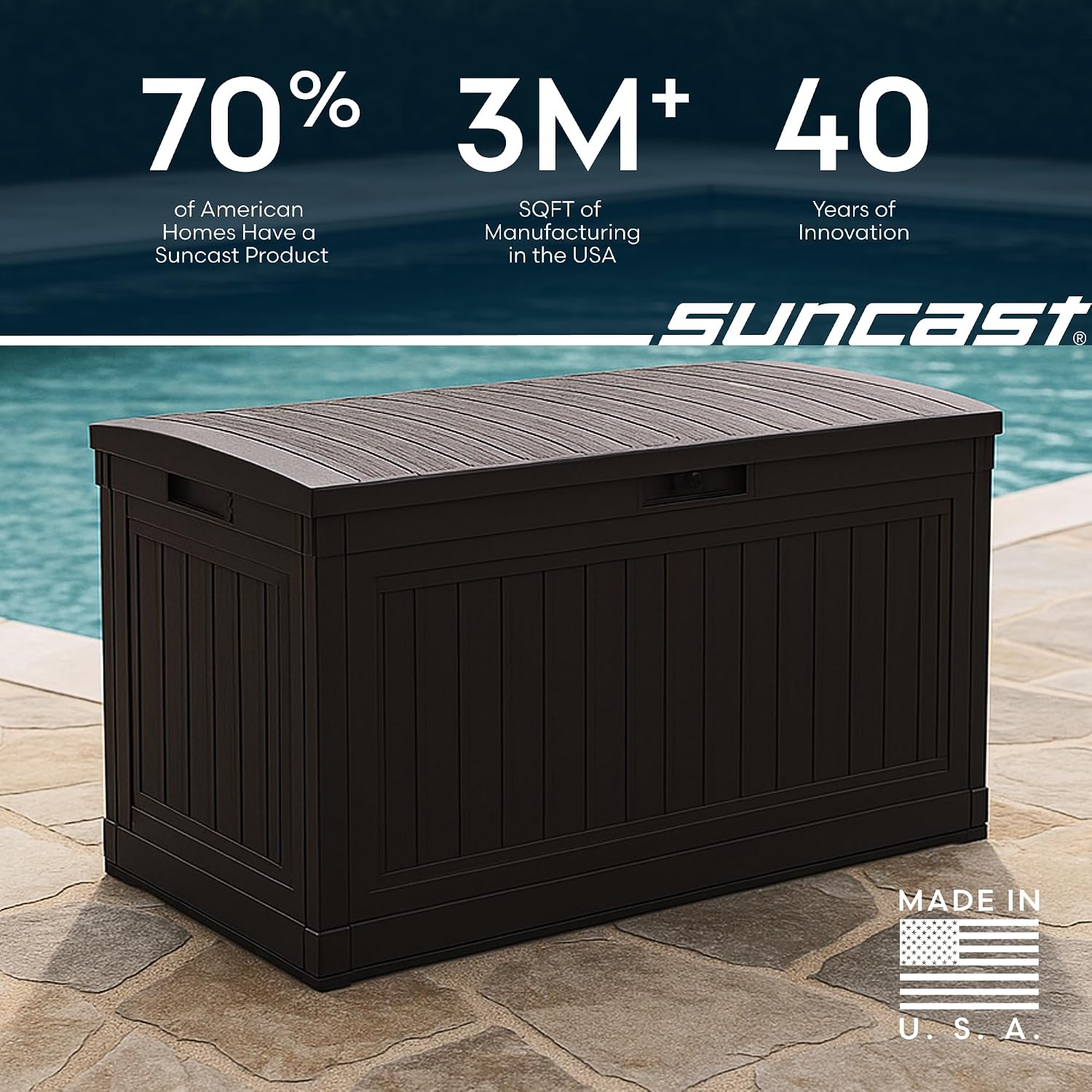 Suncast 80-Gal. Resin Large Outdoor Patio Deck Box with Pad-Lockable Lid, Modern Outdoor Patio Bench/Storage Box for Cushions, Garden Tools, and More, Java