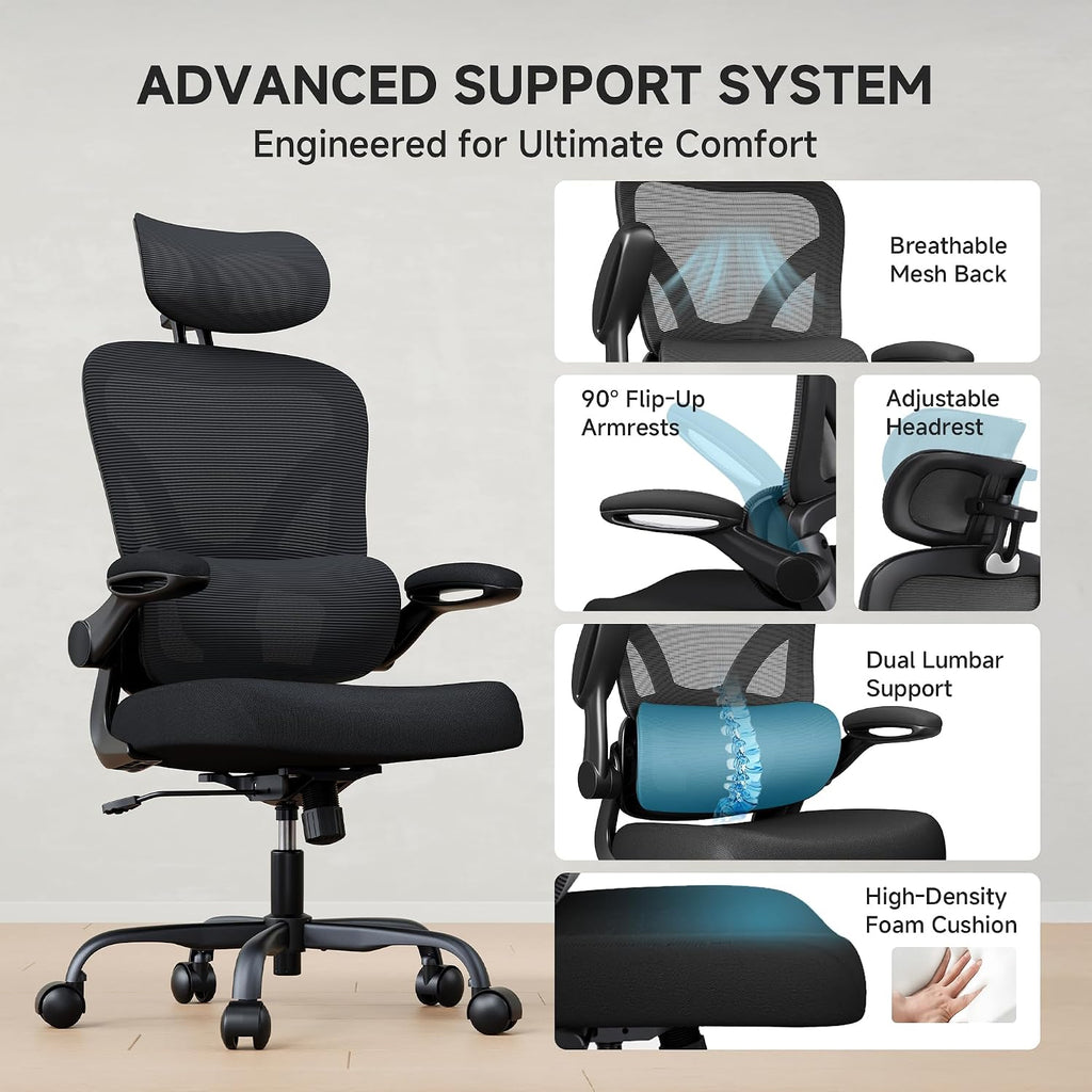 Ergonomic Office Chair, 330LBS Desk Chair with 3-Level Lumbar Support & Headrest, Breathable Mesh Backrest, Flip-Up Armrests for Home Office and Gaming, Black