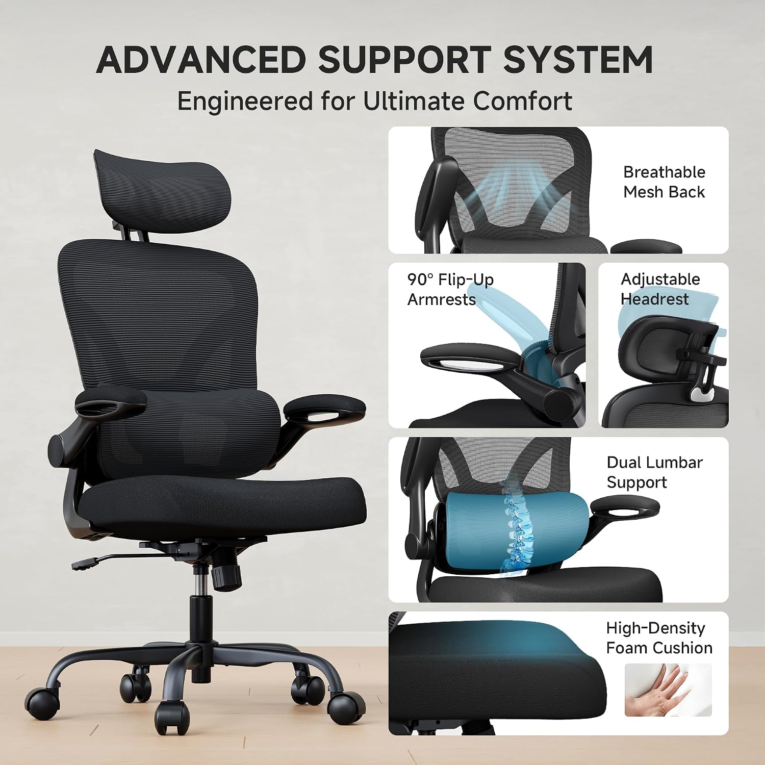 Ergonomic Office Chair, 330LBS Desk Chair with 3-Level Lumbar Support & Headrest, Breathable Mesh Backrest, Flip-Up Armrests for Home Office and Gaming, Black