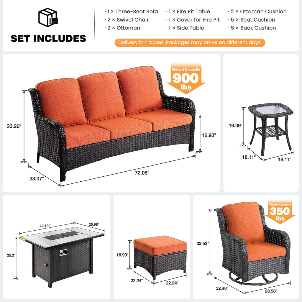 ovios 7-Piece Patio Furniture Set with Swivel Chairs Side Table, Outdoor Wicker Sofa with 42' Fire Pit Table, High Back Couch Modern Conversation Sets, Brown/Orange Red
