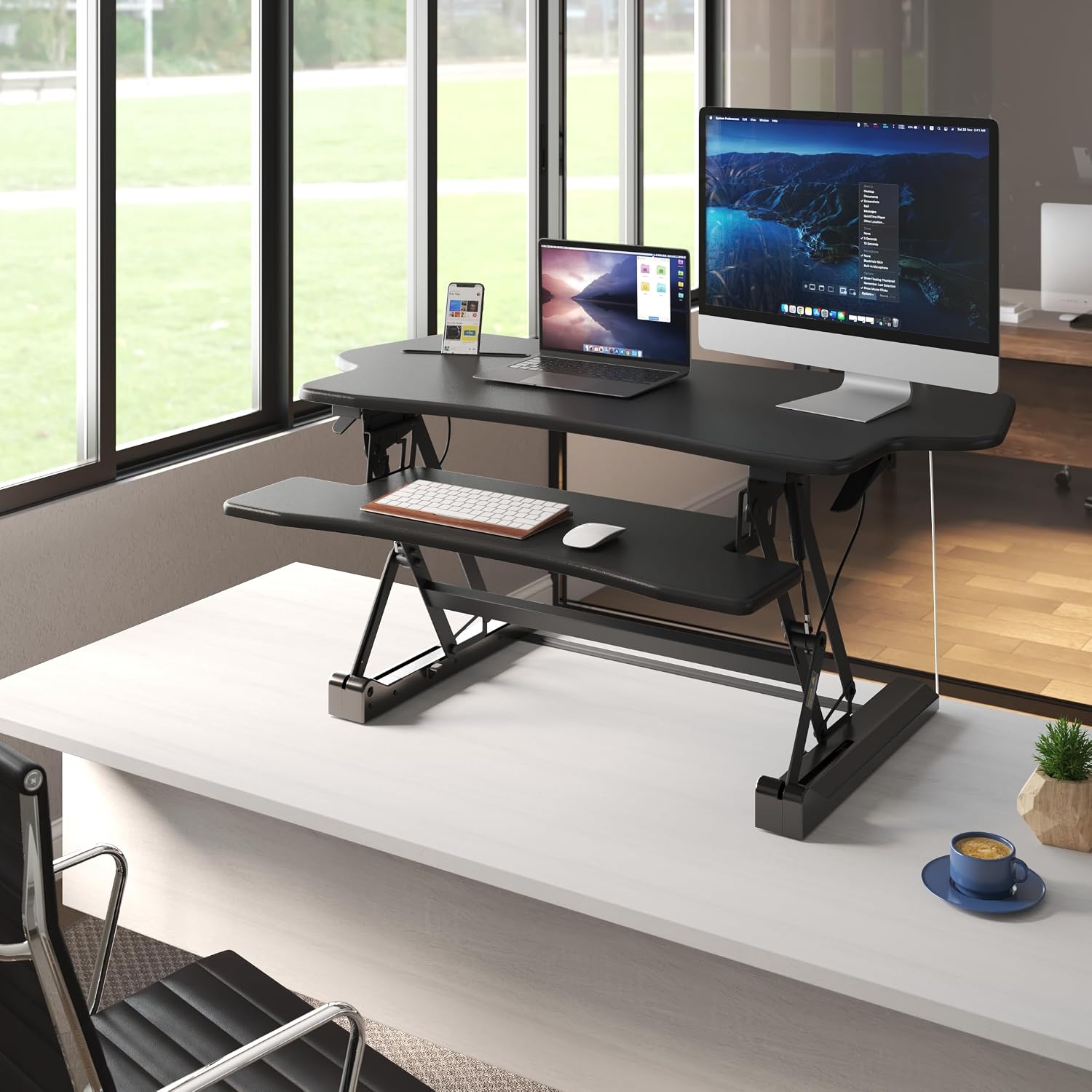 Mount-It! Standing Desk Converter, 48' Wide Sit Stand Desk Riser with Dual Gas Spring Handles, Height Adjustable from 6'–19.25', Extra Large Tabletop for 2 Monitors, Keyboard Tray & Device Slot, Black
