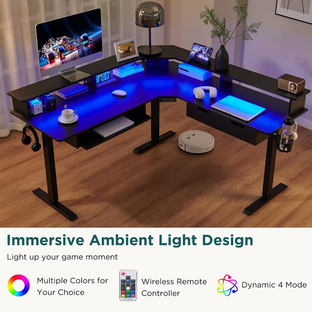 RedLemon 60 Inches L Shaped Electric Standing Desk, Height Adjustable Corner Gaming Desk with Drawers, Power Outlets & LED Lights, Computer Desk with Monitor Shelf, Carbon Fiber Black