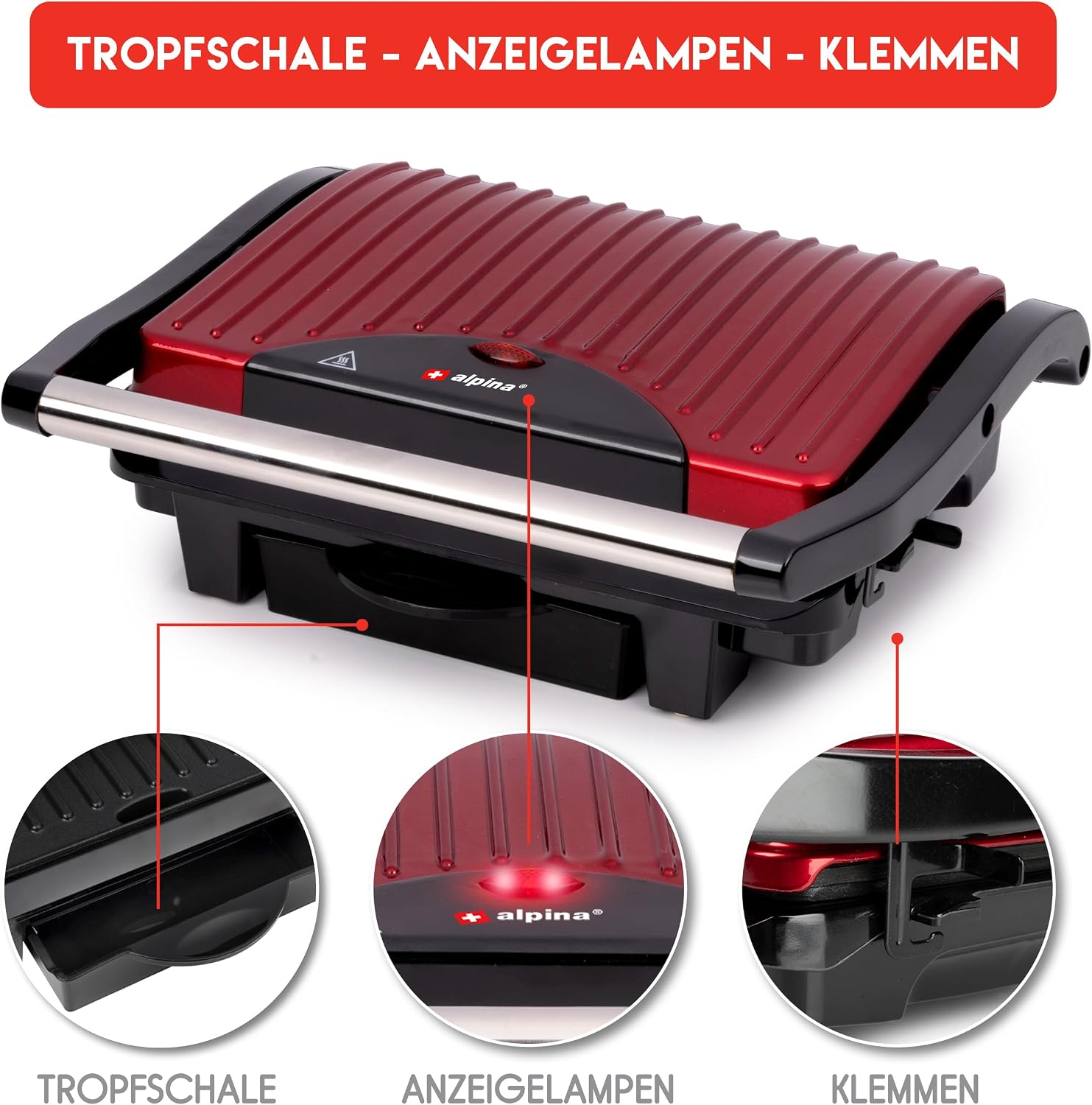 ALPINA 8711252252773 Contact Grill - 230V/1000W - Sandwich maker - Panini Grill - Vegetable, Bread and Meat - Non-stick - Drip tray - Black/Red