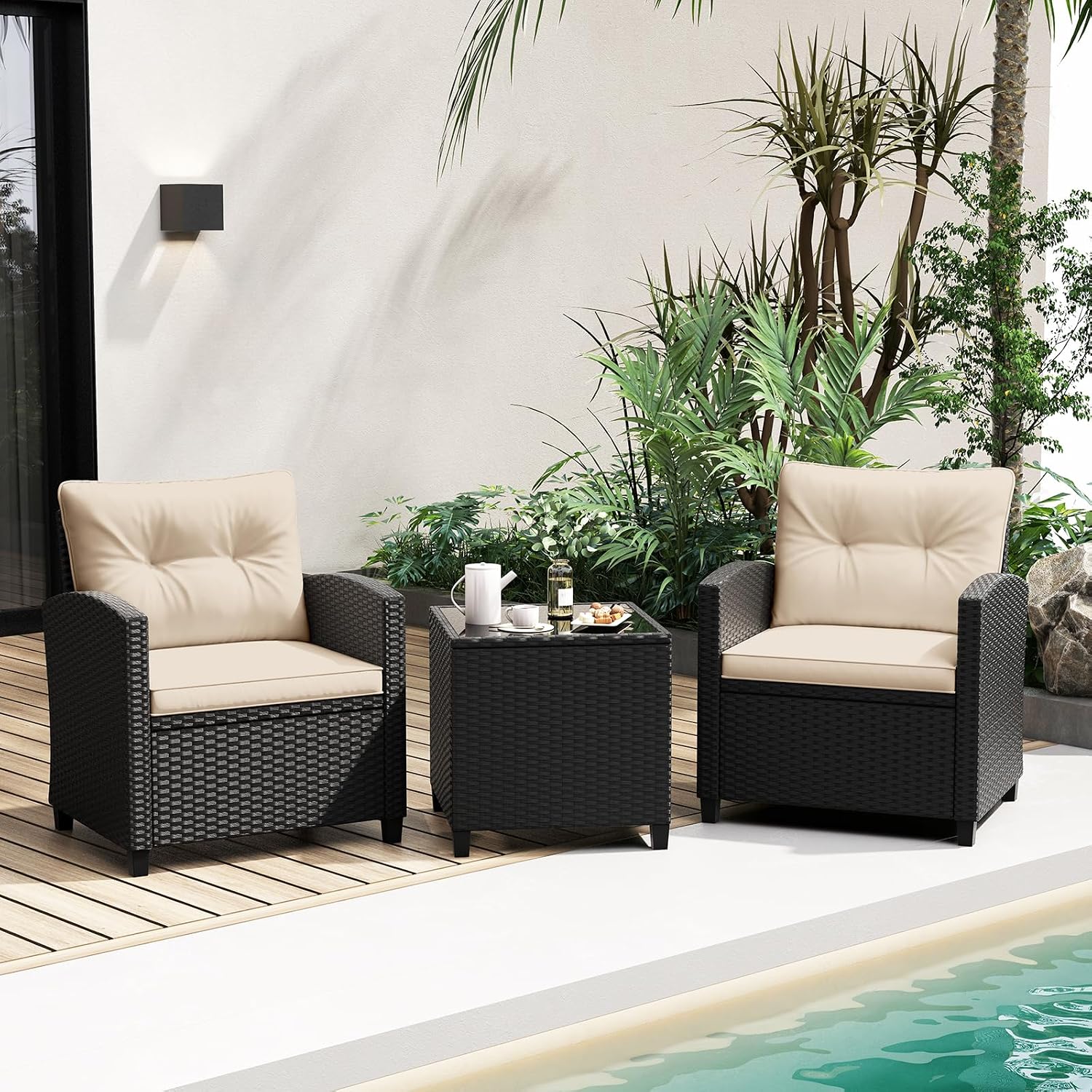 Tangkula 3 Piece Patio Furniture Set, Rattan Conversation Set w/Soft Seat & Back Cushions, Tempered Glass Topped Coffee Table, Cushioned Wicker Seating Set for Backyard, Porch, Poolside (Beige)