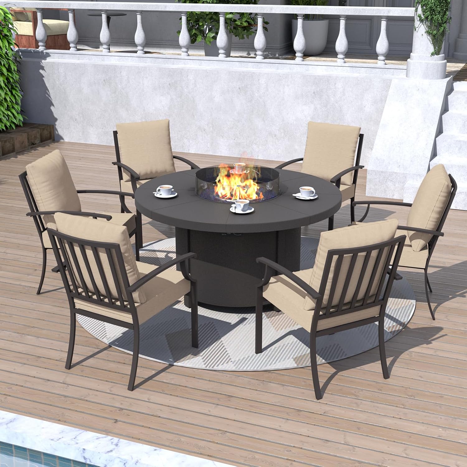 Kurapika 7 Piece Metal Outdoor Patio Furniture Set with 48' Round Fire Pit Table, Patio Conversation Sets 6 Fixed Chairs with Thick Cushion and 40000 BTU Propane Fire Pit Table, Sand