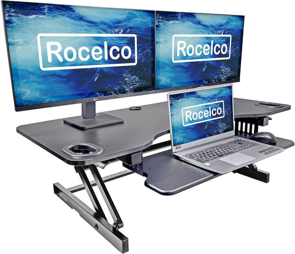 Rocelco 45' Height Adjustable Standing Desk Converter - Slide Out Retractable Keyboard Tray - Sit Stand Up Triple Monitor Riser - Dual Piston Lift Tabletop Computer Workstation - Black (R ADRB-45)