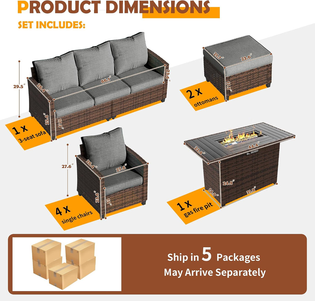 UDPATIO Patio Furniture Set with 44' Fire Pit Table, 8 Pieces Outdoor Sectional Conversation Sets, All-Weather Wicker Rattan Sofa Ottoman with 4' Thick Cushion for Garden Backyard Deck, Dark Grey