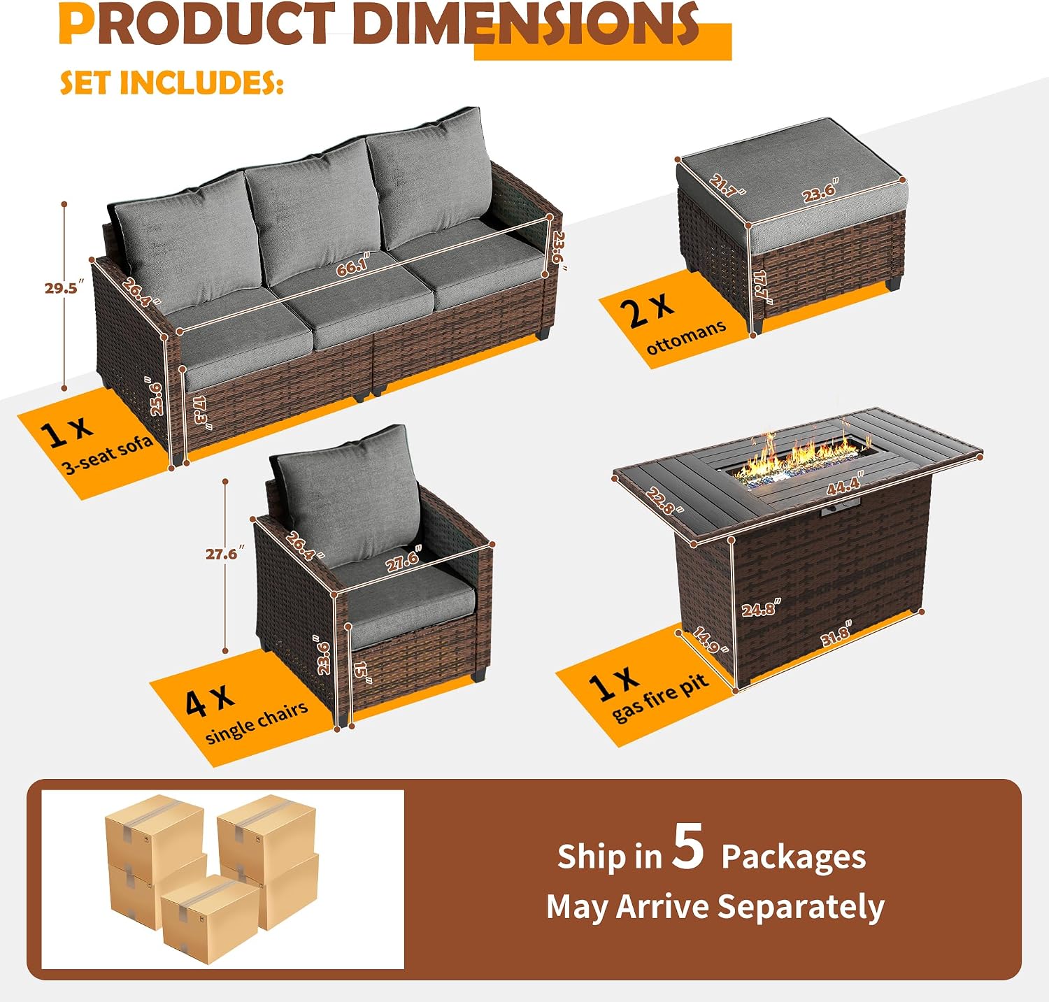 UDPATIO Patio Furniture Set with 44' Fire Pit Table, 8 Pieces Outdoor Sectional Conversation Sets, All-Weather Wicker Rattan Sofa Ottoman with 4' Thick Cushion for Garden Backyard Deck, Dark Grey