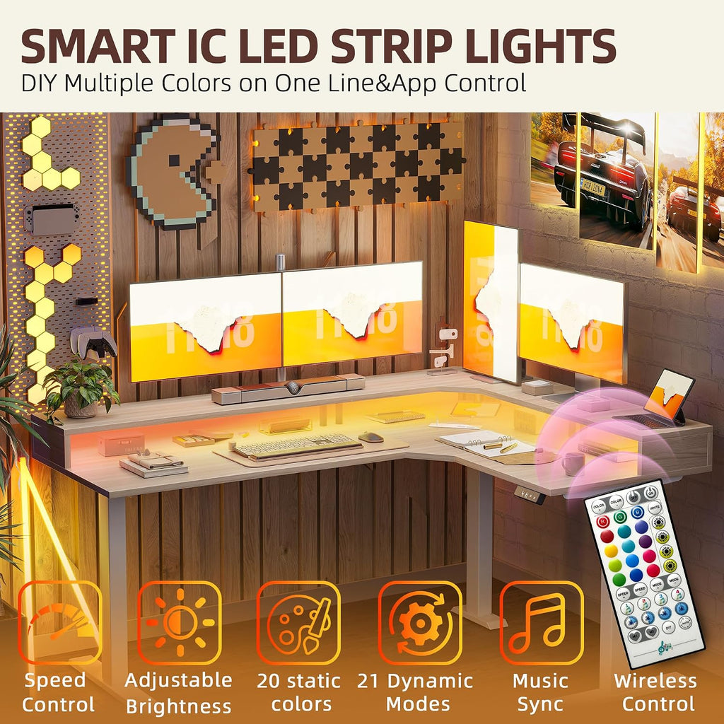 TIQLAB 63'' L-Shaped Standing Desk with LED Light Strip and Power Outlet, Height Adjustable Corner Table with Ergonomic Monitor Stand, Light Walnut