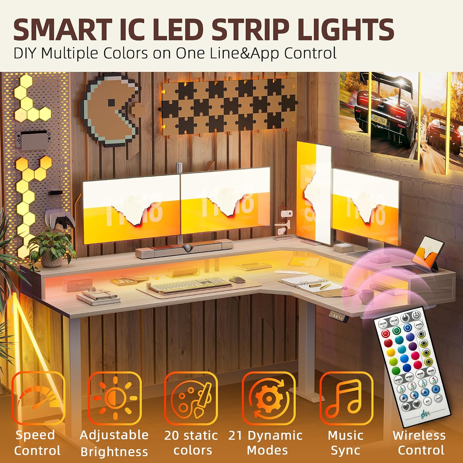 TIQLAB 63'' L-Shaped Standing Desk with LED Light Strip and Power Outlet, Height Adjustable Corner Table with Ergonomic Monitor Stand, Light Walnut
