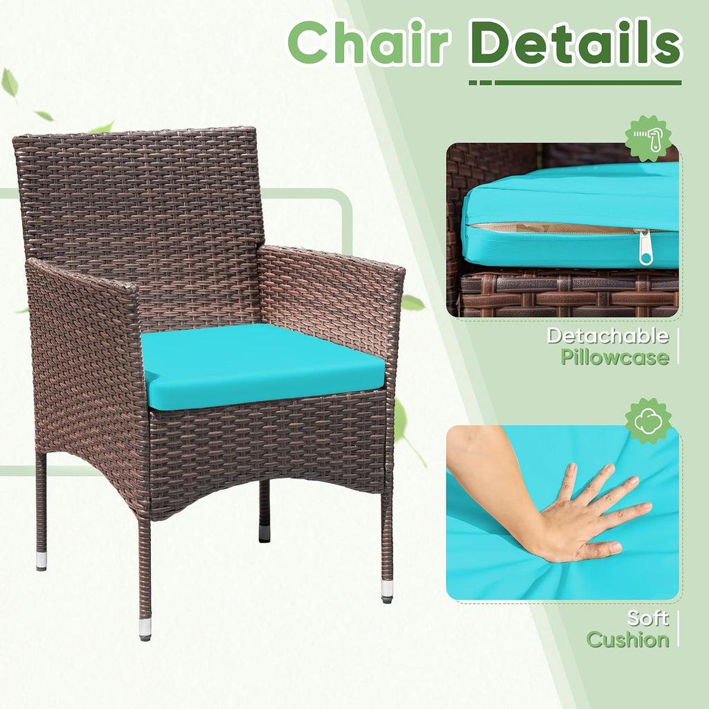Greesum 3 Pieces Patio Dining PE Rattan Wicker Chair Furniture Set with Cushion and Glass Coffee Table for Outdoor Garden Backyard Poolside, Brown and Blue