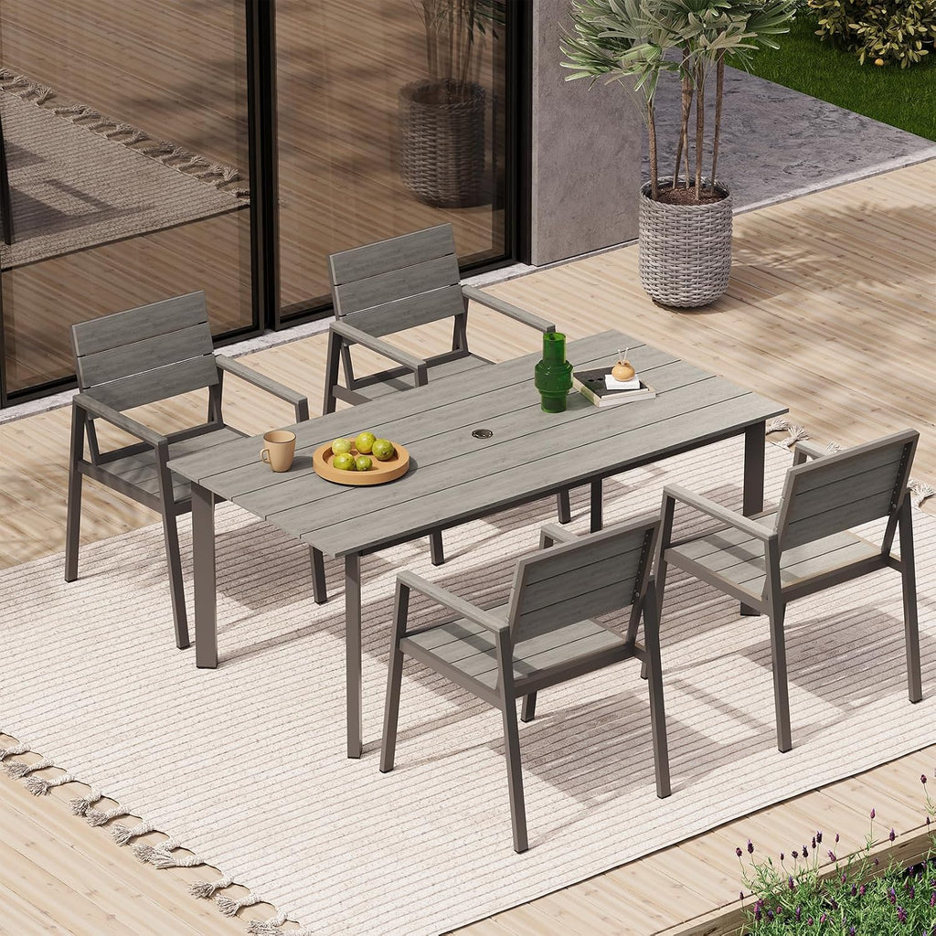 67'*32.3'*29.5' Patio Dining Table, Seamless Rectangle Aluminum + HDPS Outdoor Patio Dining Table with Umbrella Hole, Weather-Resistant for Lawn, Garden, Yard and Indoor Use (Gray)
