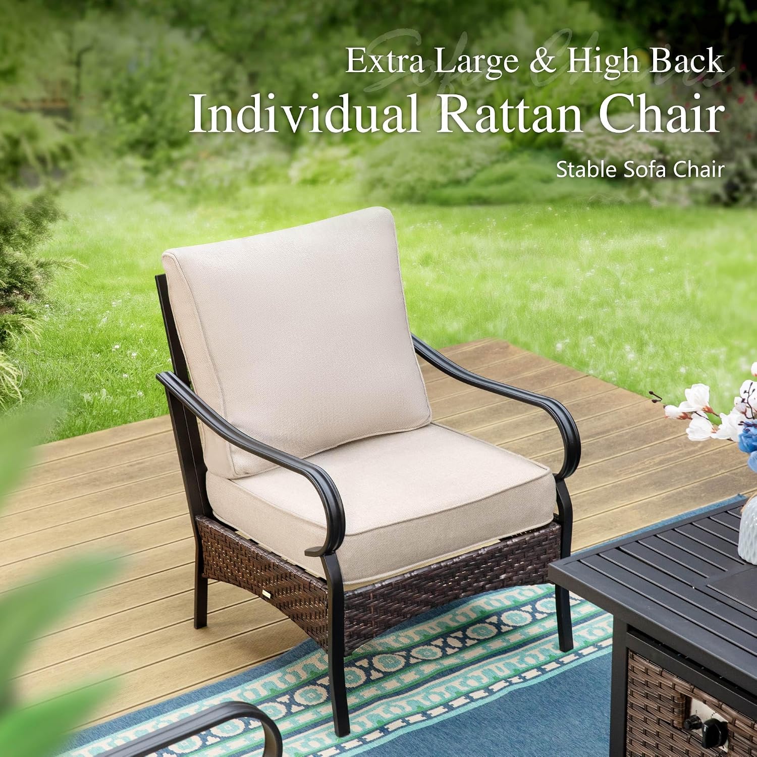 Sophia & William Patio Furniture Set, 4 Piece Metal Outdoor Conversation Set with 2 Sofa Chairs, 2 Ottoman for Outdoor Seating, Backyard, Porch(Beige)