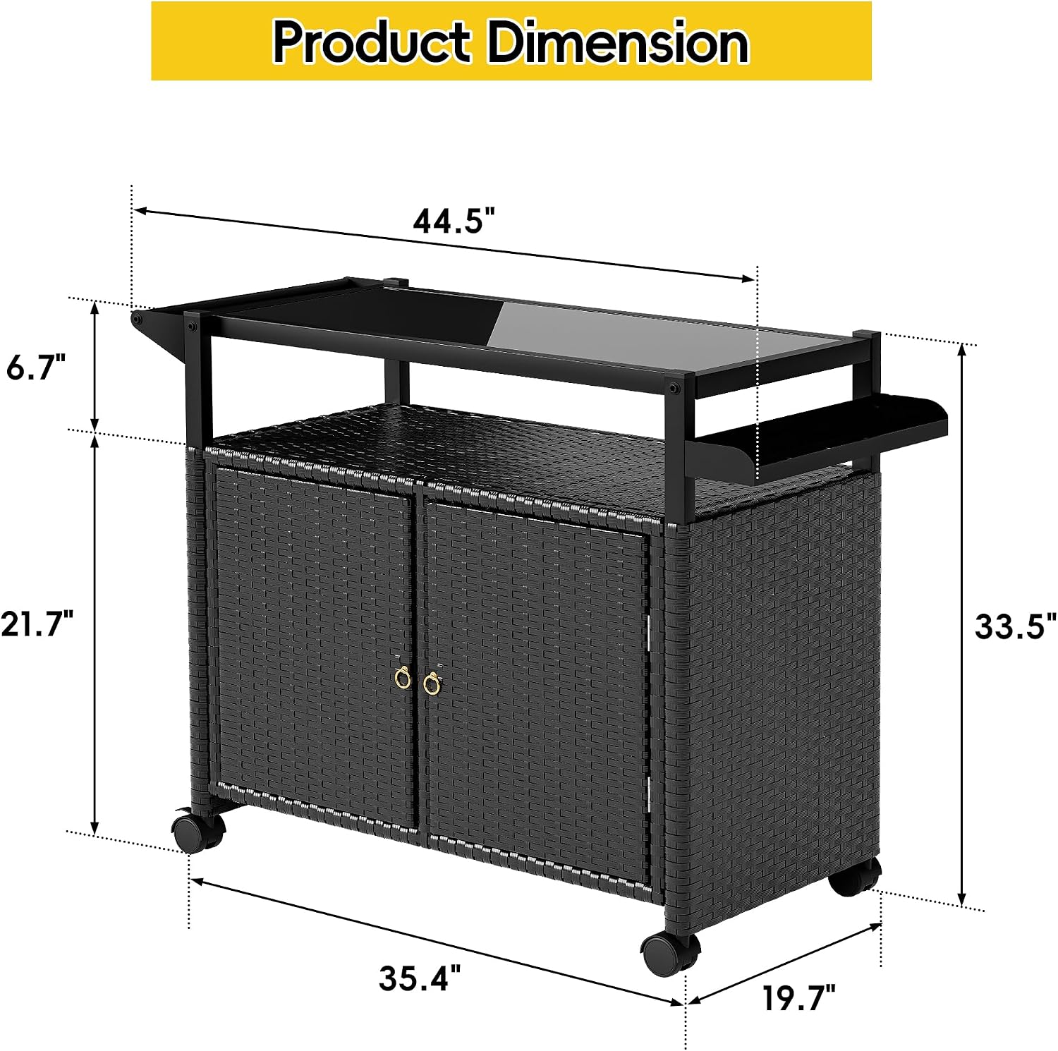 MU Outdoor Bar Cart with Storage and Wheels, Outdoor Bar Table with Tempered Glass Top & Shelf, Rolling Wicker Storage Cabinet with Rounded Handle & Side Basket for Backyard, Poolside, Garden, Black