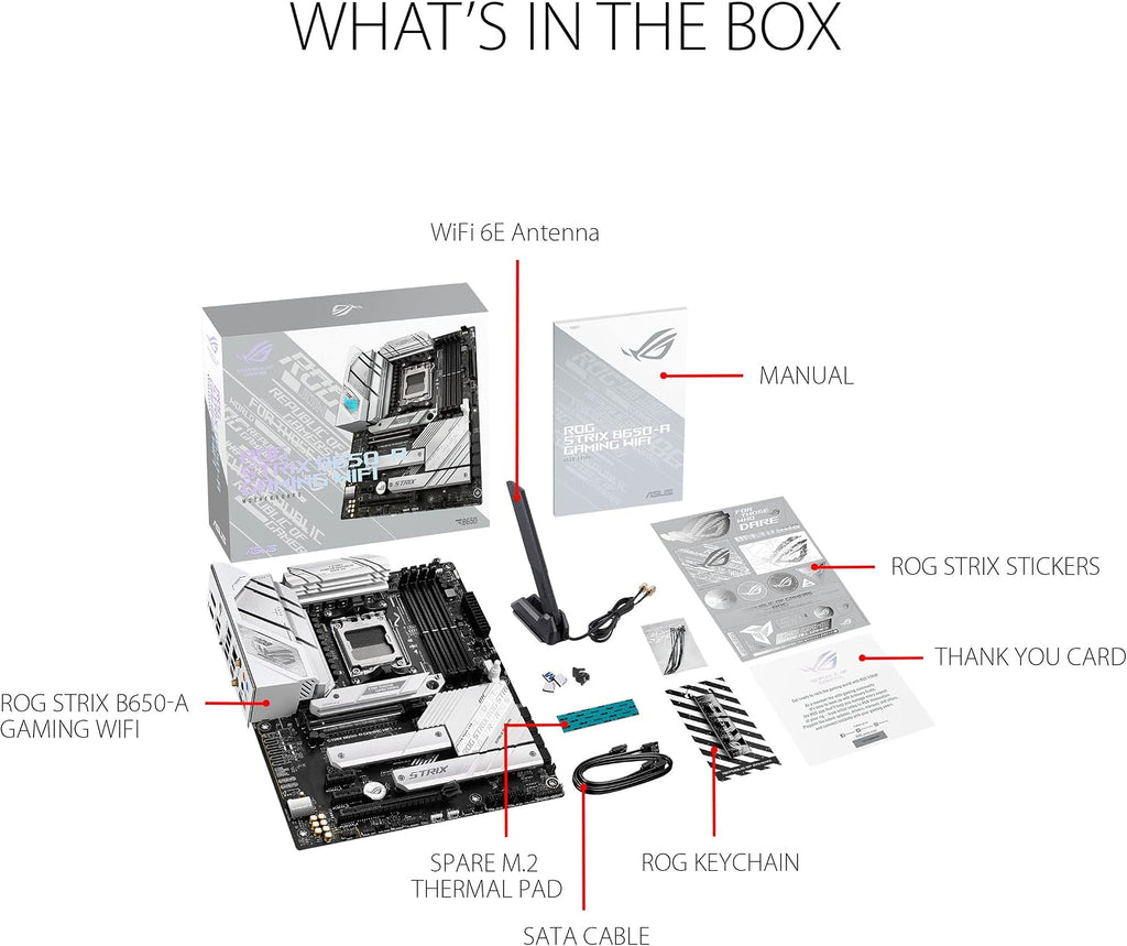 ASUS ROG Strix B650-A Gaming WiFi AMD B650 AM5 Ryzen™ Desktop 9000 8000 & 7000 ATX motherboard, 12 + 2 power stages, DDR5, 3x M.2 slot, PCIe® 4.0, 2.5G LAN, WiFi 6E, USB 3.2 Gen 2x2 Type-C®, Aura Sync