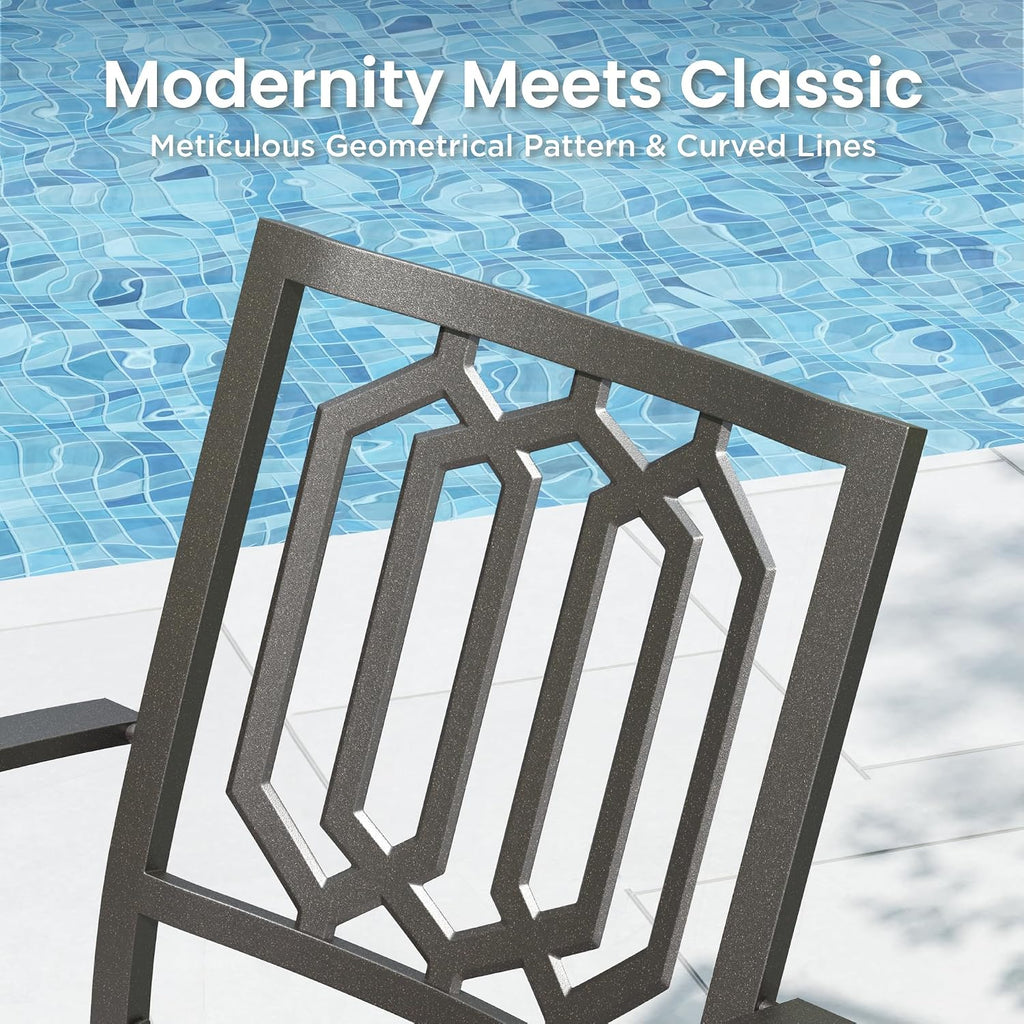 PHI VILLA 5 Piece Metal Outdoor Table and Chairs, 34.2' Metal Square Table with Umbrella Hole & Stackable Wrought Iron Chairs, All Weather Large Furniture Set for Patio, Deck, Backyard, Porch - Black