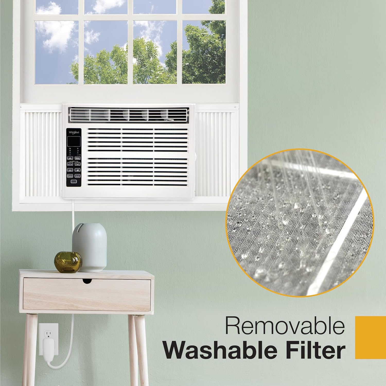 Whirlpool 6,000 BTU Window Air Conditioner with Dehumidifier, 115V, Window AC for Rooms up to 250 Sq. Ft., Living Room, Bedroom, or Kitchen, with Remote Control, Digital Display, and 24H-Timer, White