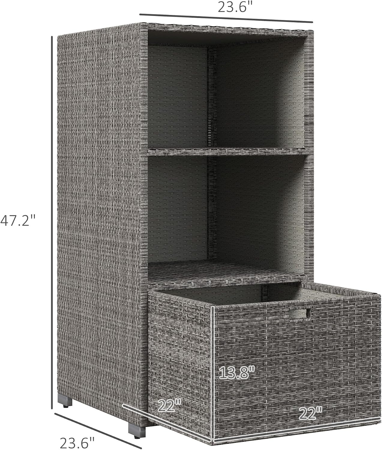 Outsunny Valet Pool Towel Rack, Waterproof PE Plastic Rattan Wicker Storage Organizer, Indoor Outdoor Spa, and Hot Tub Accessory Storage, 2 Shelves, 1 Basket Drawer, Mixed Gray