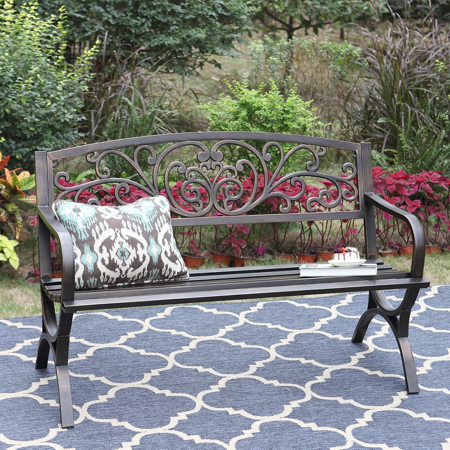 Sophia & William Metal Outdoor Bench, 50' Outdoor Garden Bench Patio Park Bench, Cast Iron Park Benches for Outside with Floral Design Backrest, Bronze