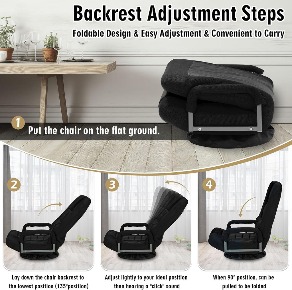 Swivel Floor Gaming Chair w/Armrests, Folding Video Reclining Sofa w/6 Adjustable Position, Padded Backrest & Cushion, Lazy Lounger Couch for E-Sports, Reading, Relaxing, Watching TV, Black