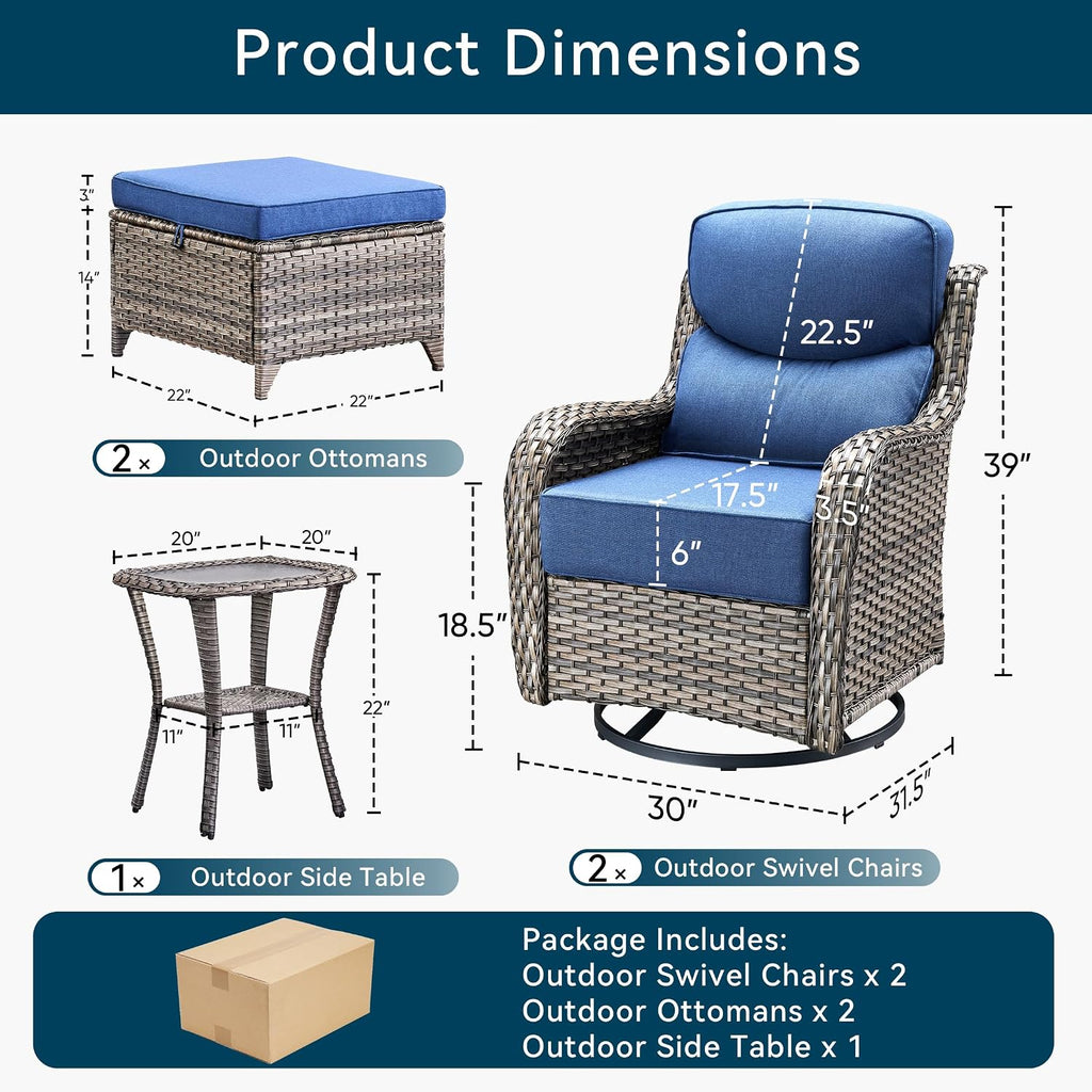 Luxury High Back Outdoor Furniture with 6-Inch Thick Cushions, Patio Furniture Set with Ottomans, 5 PCS Wicker Conversation Set for Porch, Balcony, Deck and Yard