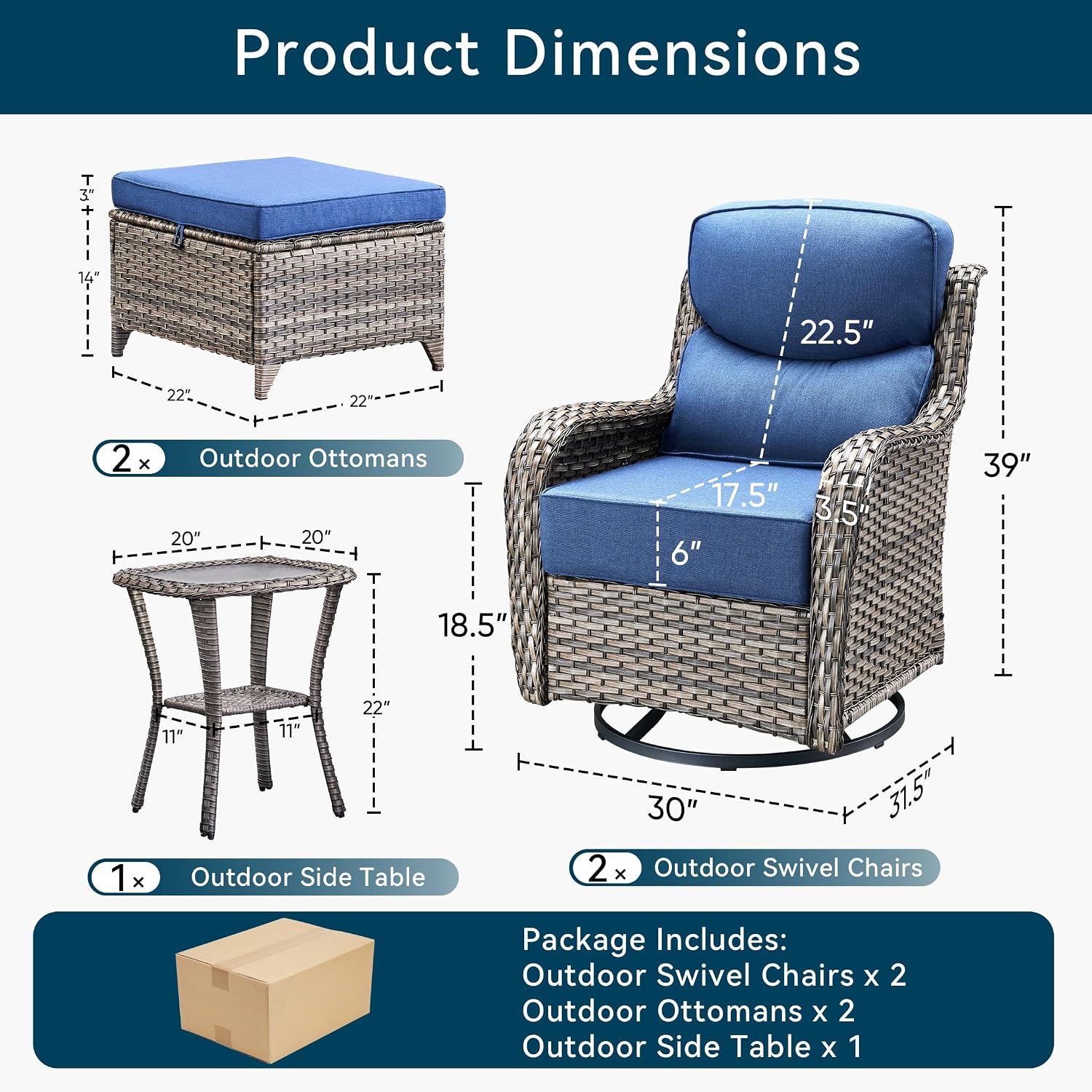 Luxury High Back Outdoor Furniture with 6-Inch Thick Cushions, Patio Furniture Set with Ottomans, 5 PCS Wicker Conversation Set for Porch, Balcony, Deck and Yard