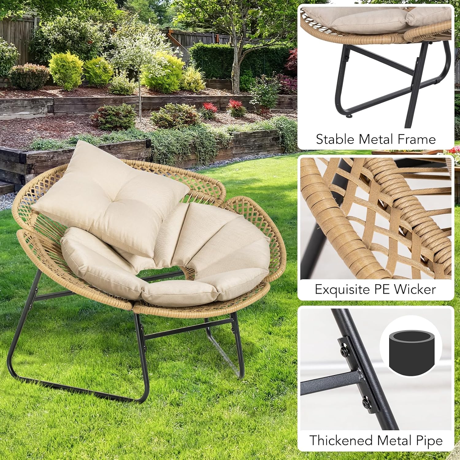 3 Pieces Rattan Bistro Set, Flower-Shaped Wicker Patio Furniture Set with Cushion & Pillow, Bistro Table and Chairs Set of 2 with Glass Top Table Adjustable Foot Pads in Balcony, Apartment