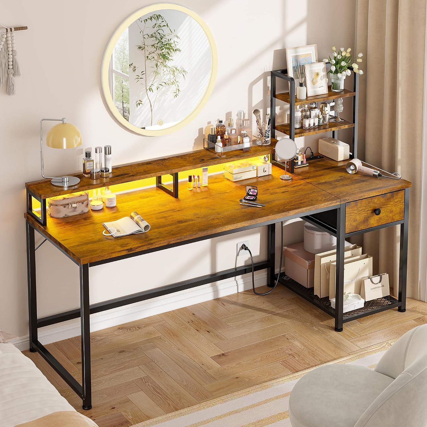 EnHomee 55 Inch Computer Desk with Hutch and Drawers,Reversible Home Office Desk with Monitor Shelf,Gaming Desks with USB Power Outlets,Writing Gaming Table for Office with LED Lights,Rustic Brown